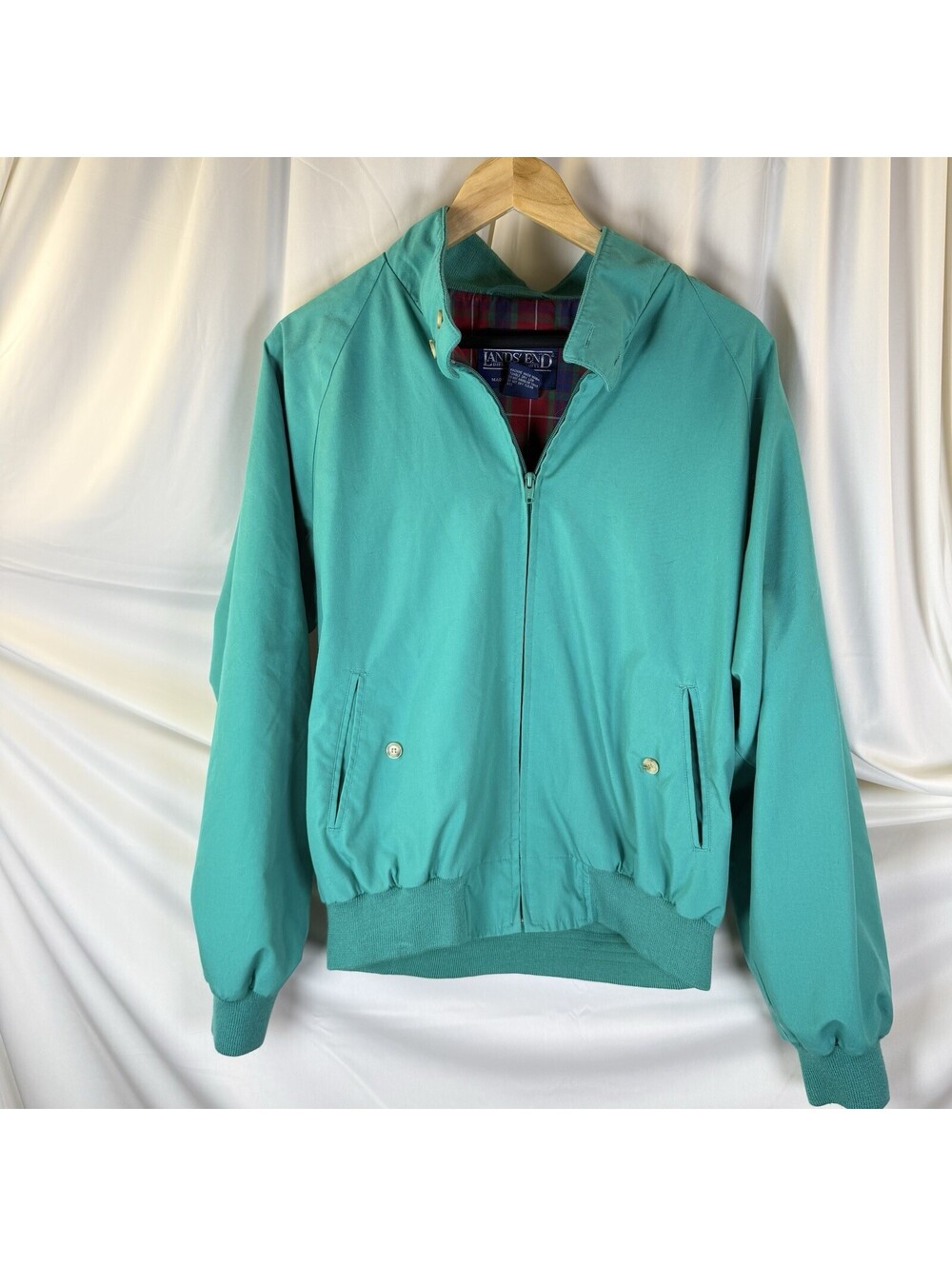 Vintage 80s Lands End Harrington Aqua/Turquoise/Seafoam jacket plaid lined -Sz L